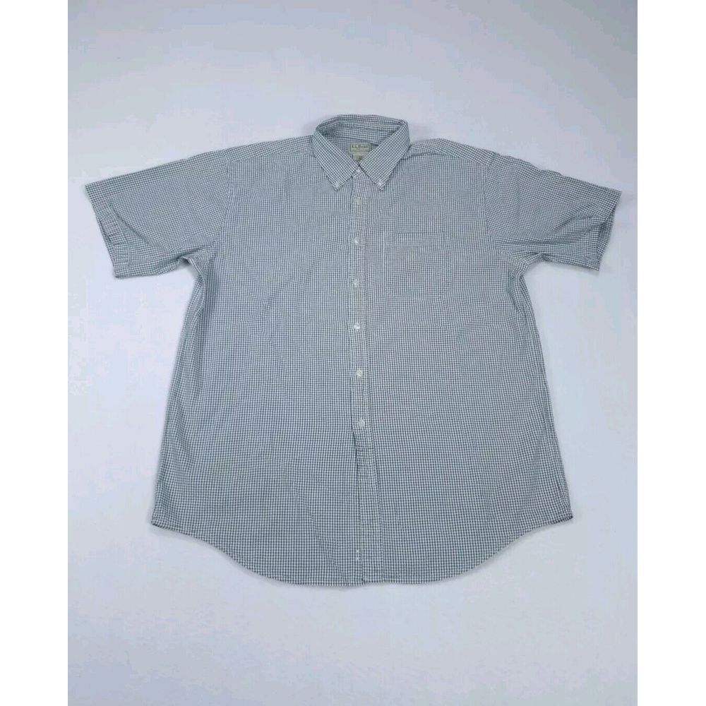 LL Bean Seersucker Shirt Mens‎ Large Green White Check Traditional Button Down